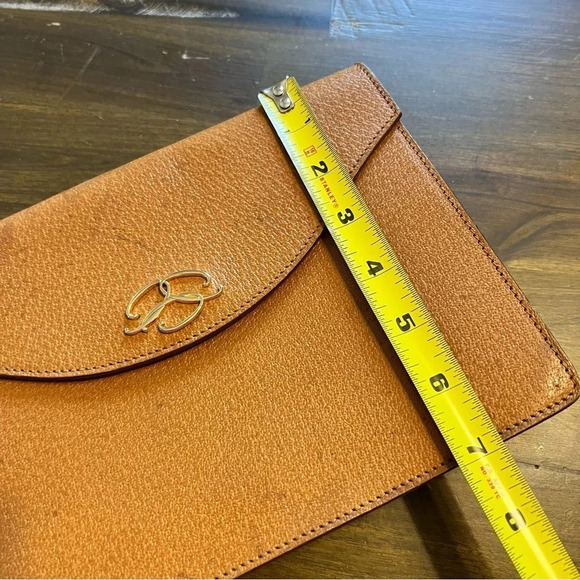Vintage Oscar De La Renta Tan Leather Clutch Bag Fold Over Envelope Gold - Picture 8 of 10